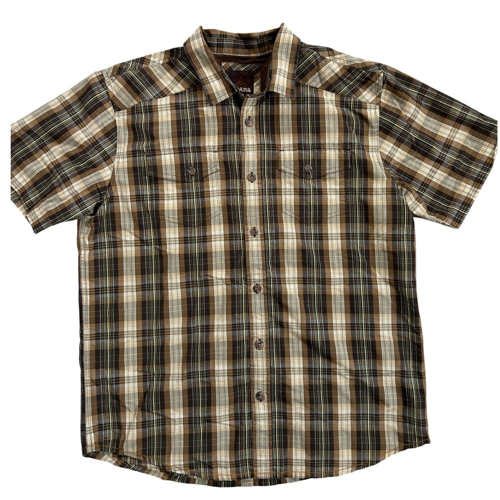 Prana Mens Plaid Short Sleeve Button Up Shirt XL Brown Casual Outdoors Hiking